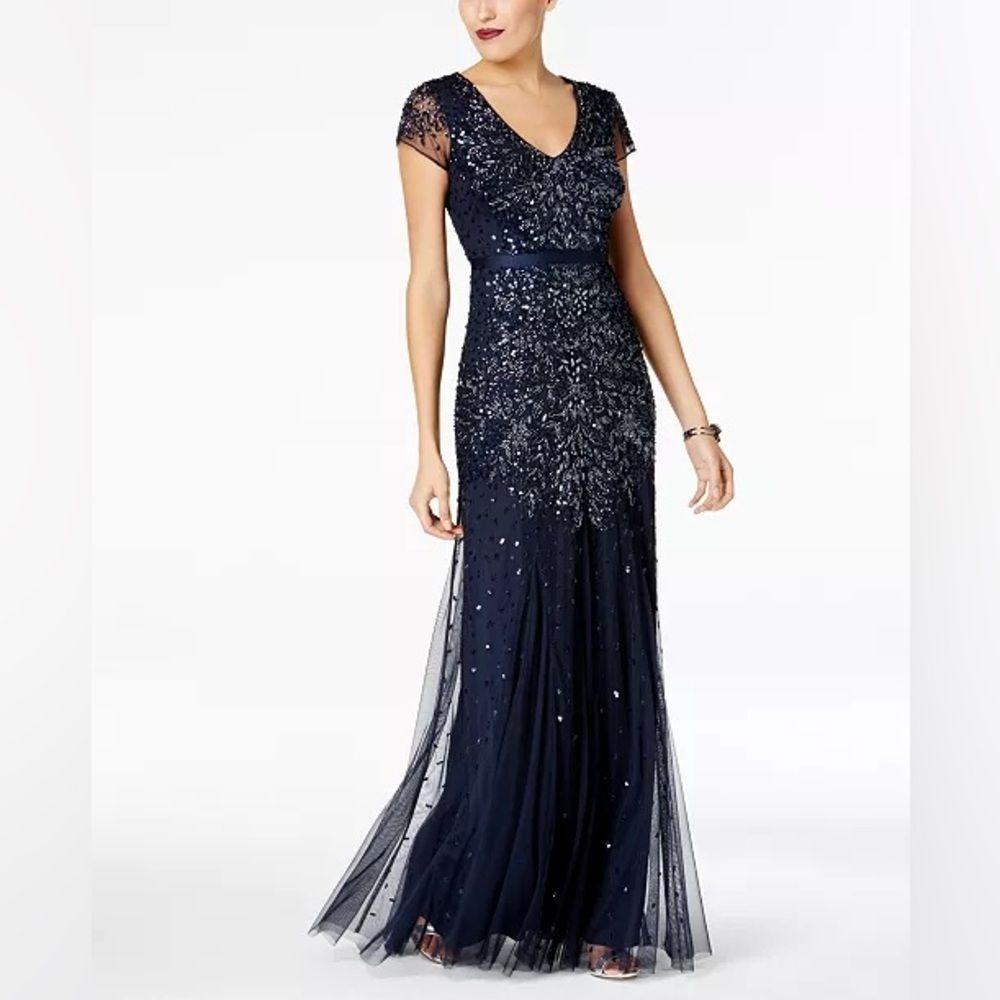 Adrianna Papell Dress Womens 10 Navy Sequin Mesh Maxi Gown Formal Cap Sleeve